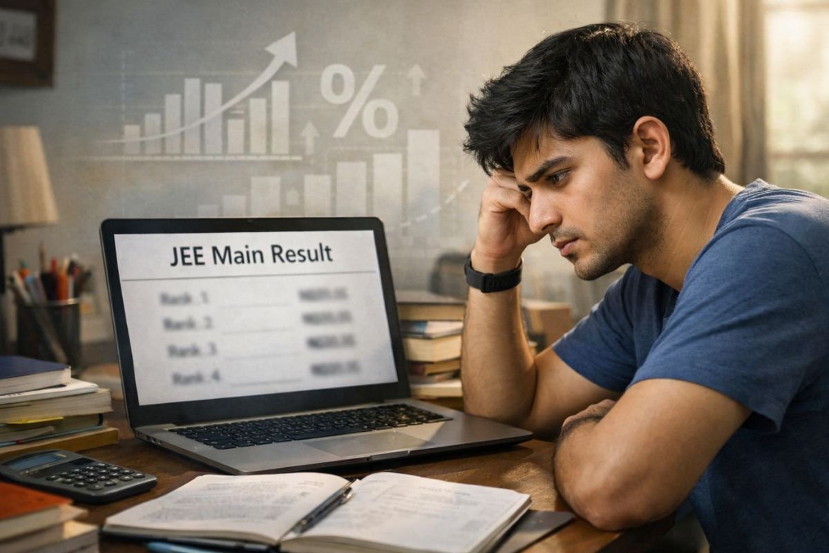 a boy is sitting on the table and thinking about his result
